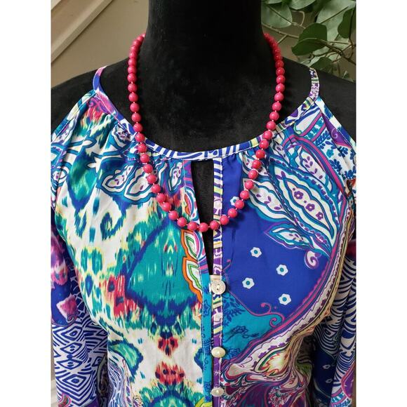 Chico's Shirt Top Women 0 Multicolor Cold Shoulder Sleeve Keyhole Back Tie Hem - Picture 5 of 11